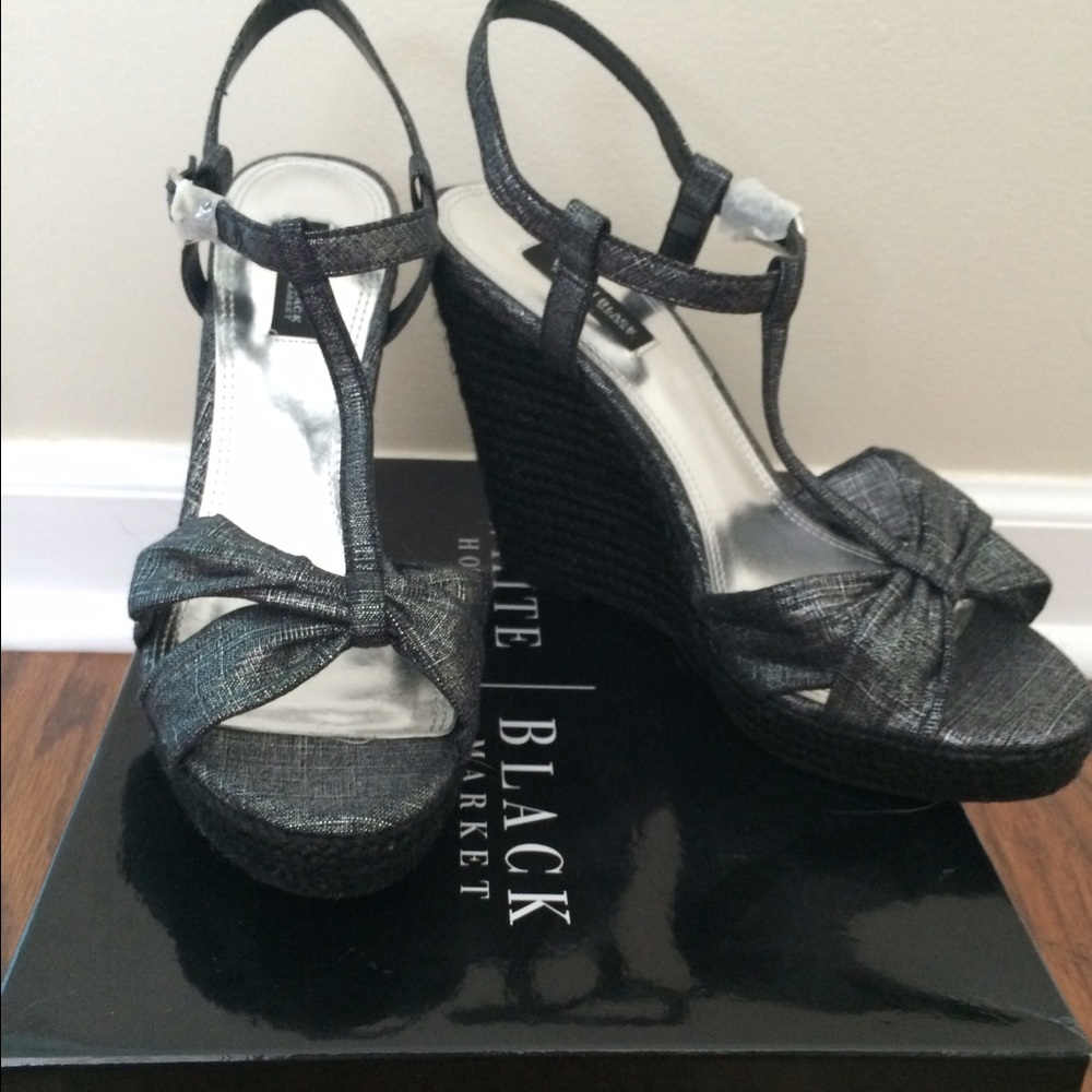 NEW in box White House Black Market Sophie silver black wedge heel 9
